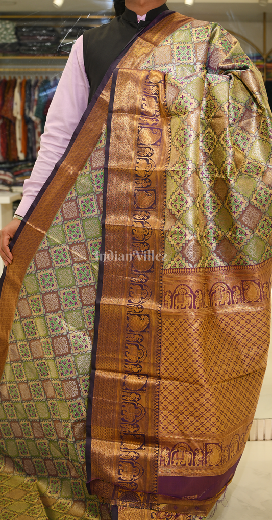 Green Printed Multi Color Pure Brocade Tissue Kanjivaram Saree