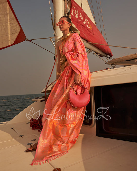 Peach Two Tone Leheriya Banarasi Satin Silk Saree