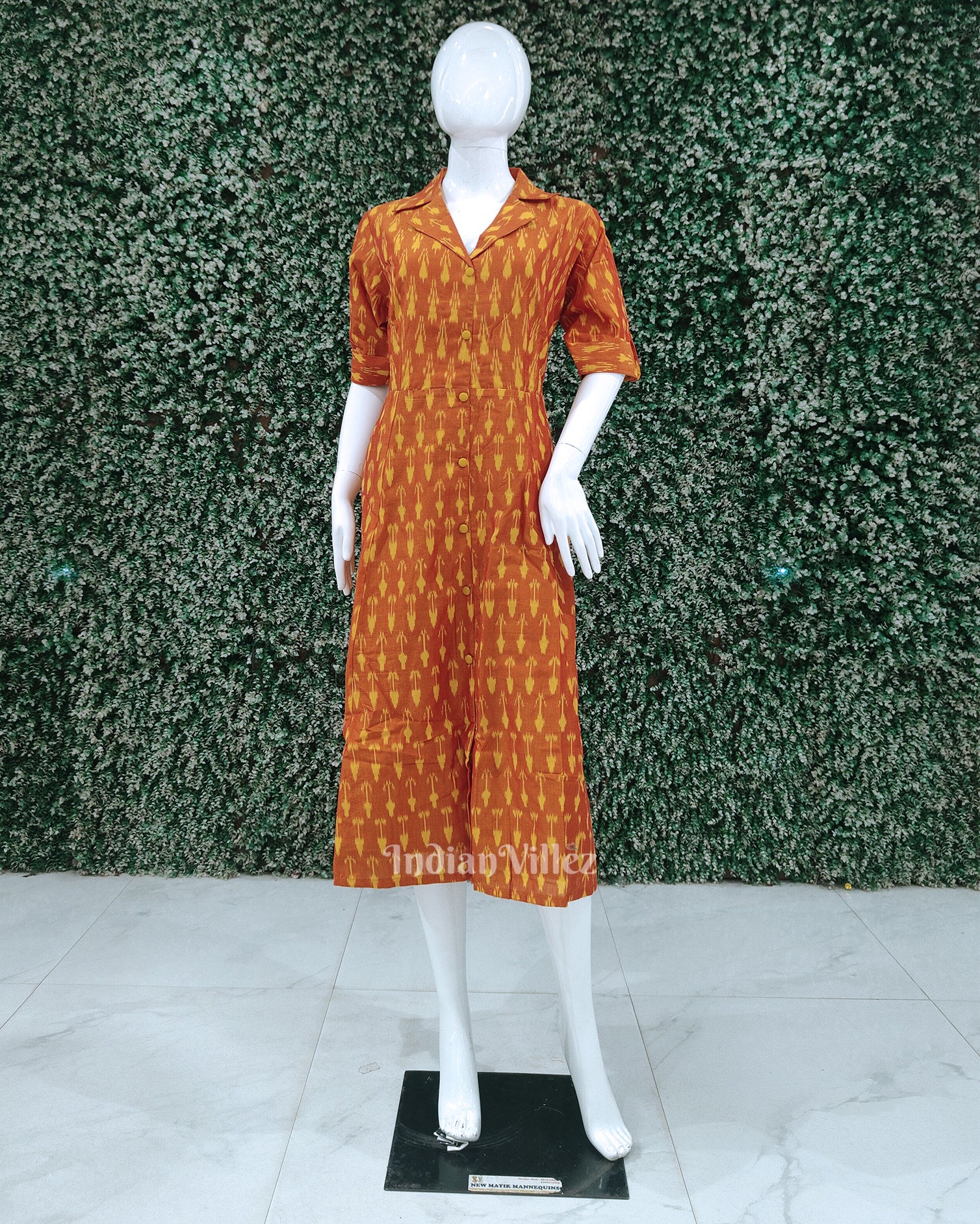 Orange Pochampally Ikat Designer Office Wear Dress 