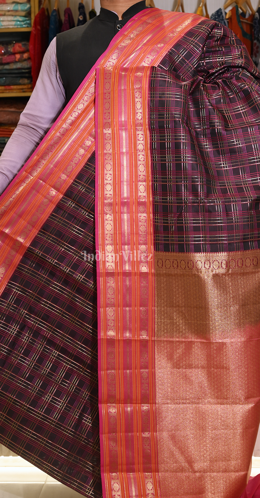 Black Golden Checks Pure Brocade  Kanjivaram Silk Saree