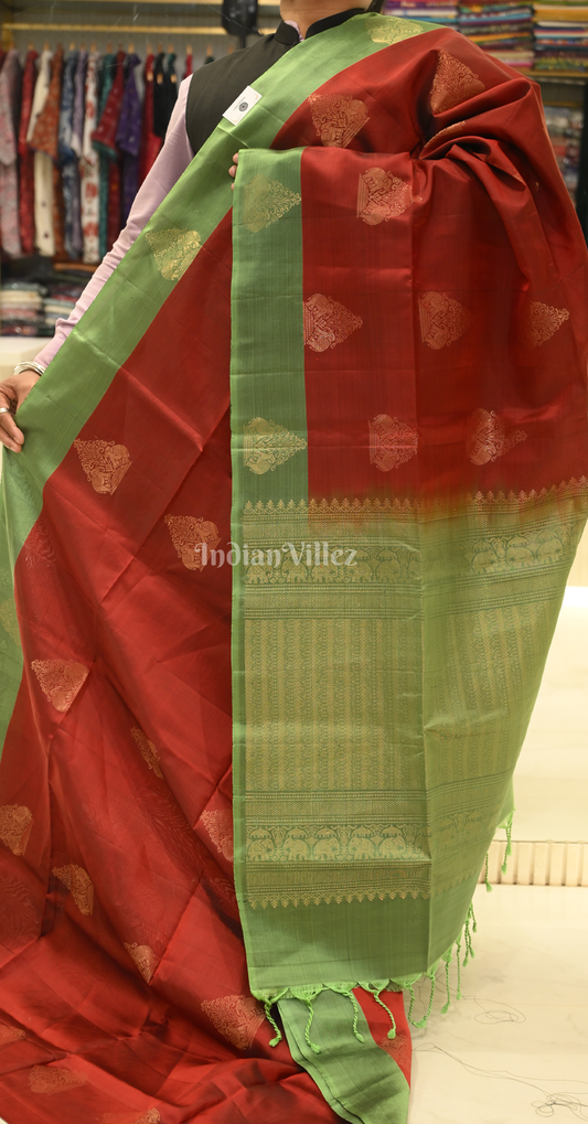 Maroon Mehendi Green Floral Zari Pure Kanjivaram Soft Silk Saree