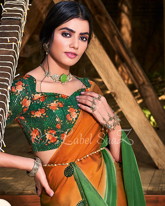 Golden Green Chiffon Saree with Floral Blouse 