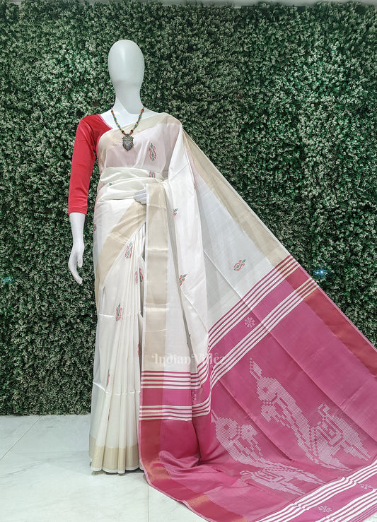 White Pink Pure Bishnupuri Silk Saree