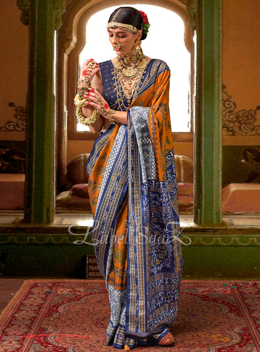 Yellow Blue Designer Sambalpuri Ikat Saree