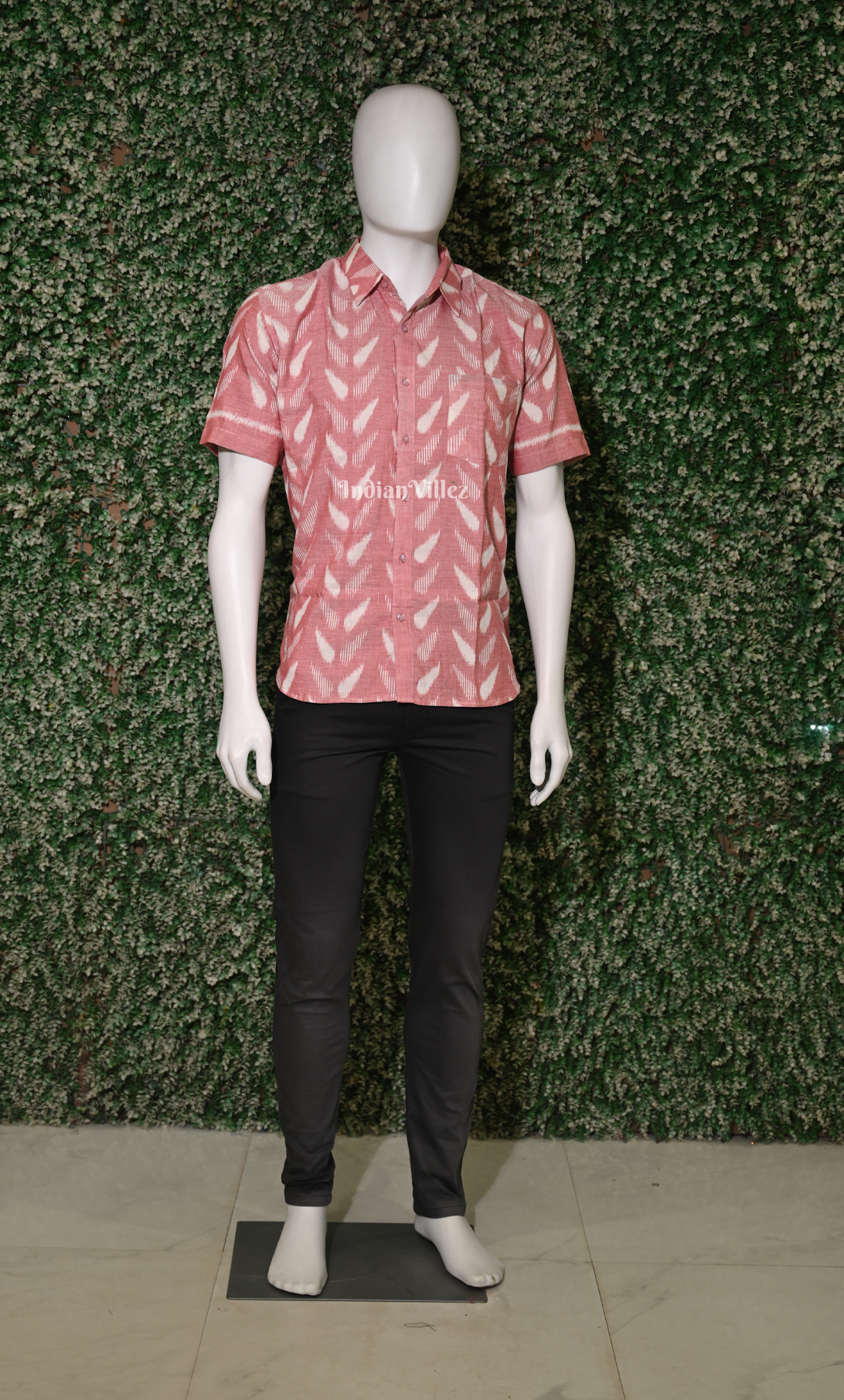 Peach Pink Leaf Design Odisha Ikat Cotton Half Sleeve Shirt for Men 