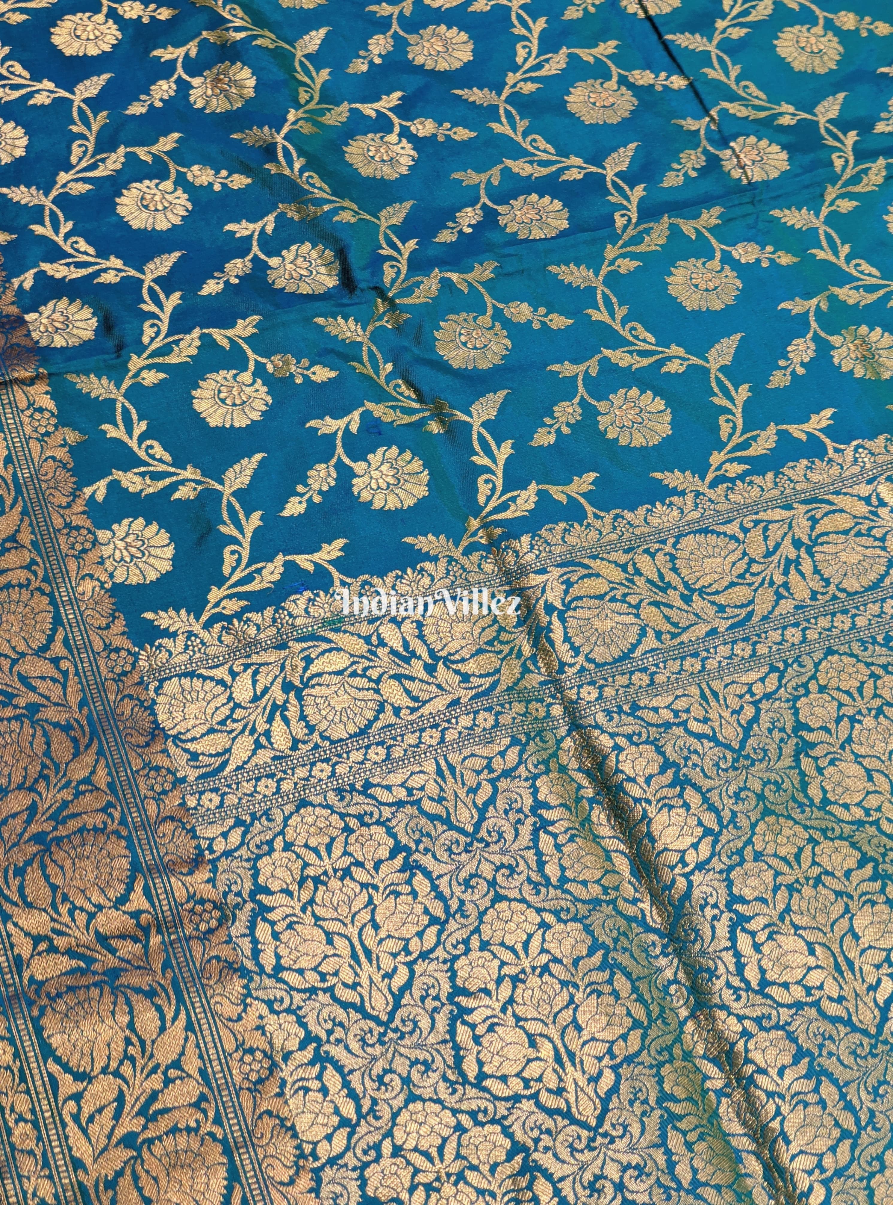 Sky Blue Floral Banarasi Katan Silk Saree