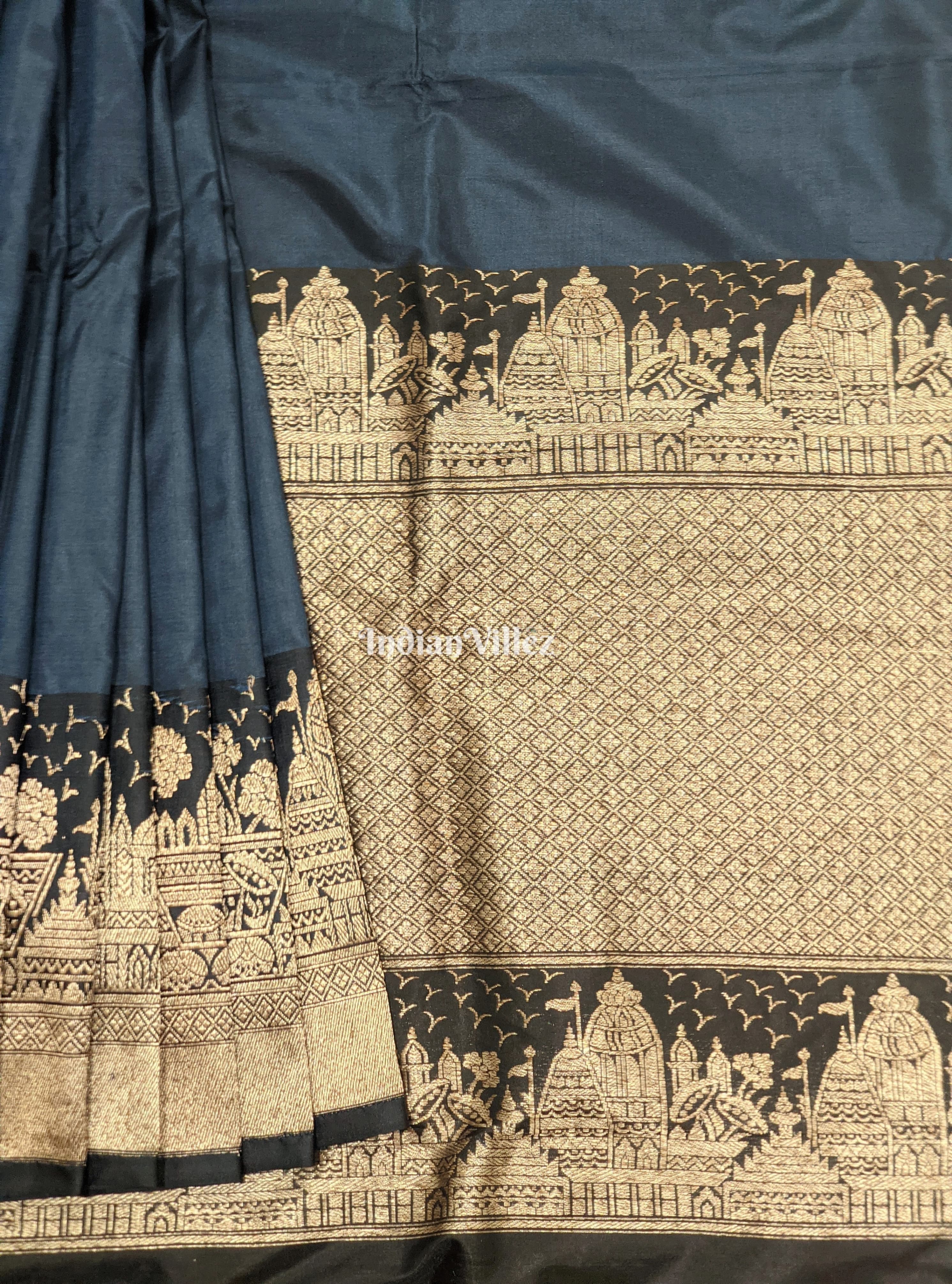 Grey Blue Handwoven Banarasi Katan Silk Saree with Kashi Ghat Weaves