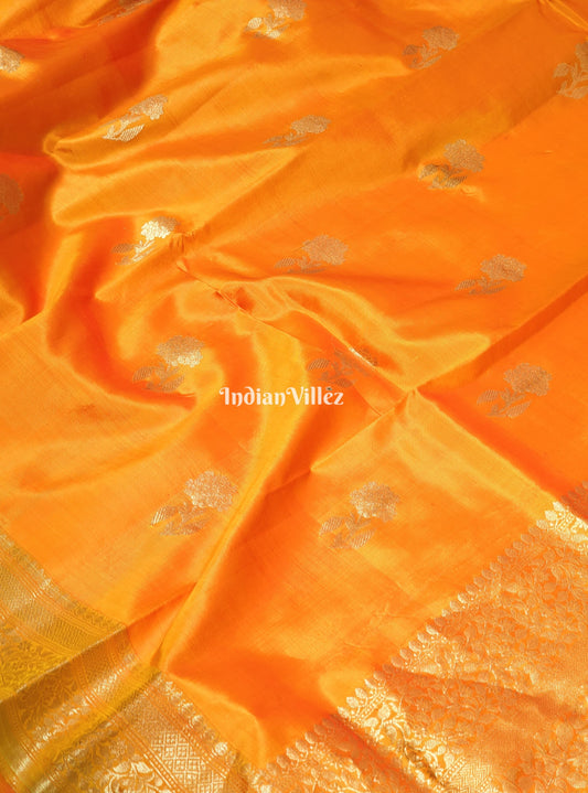 Orange Flower Motif Designer Pure Banarasi Katan Silk Saree