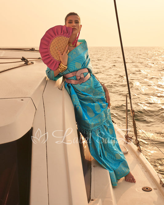 Sky Blue Two Tone Leheriya Banarasi Satin Silk Saree