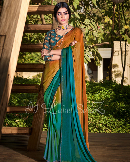 Mustard Rama Chiffon Saree with Floral Blouse 
