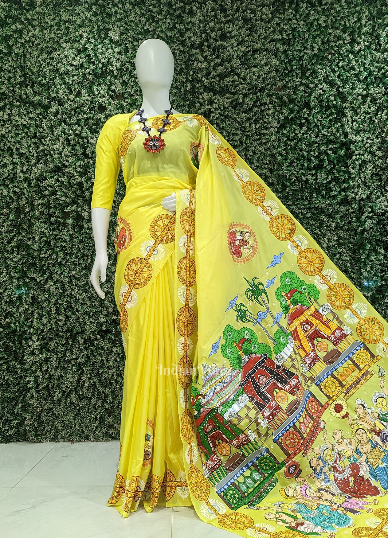 Yellow Shree Jagannath Ratha Yatra Hand-Painted Pattachitra Saree ...
