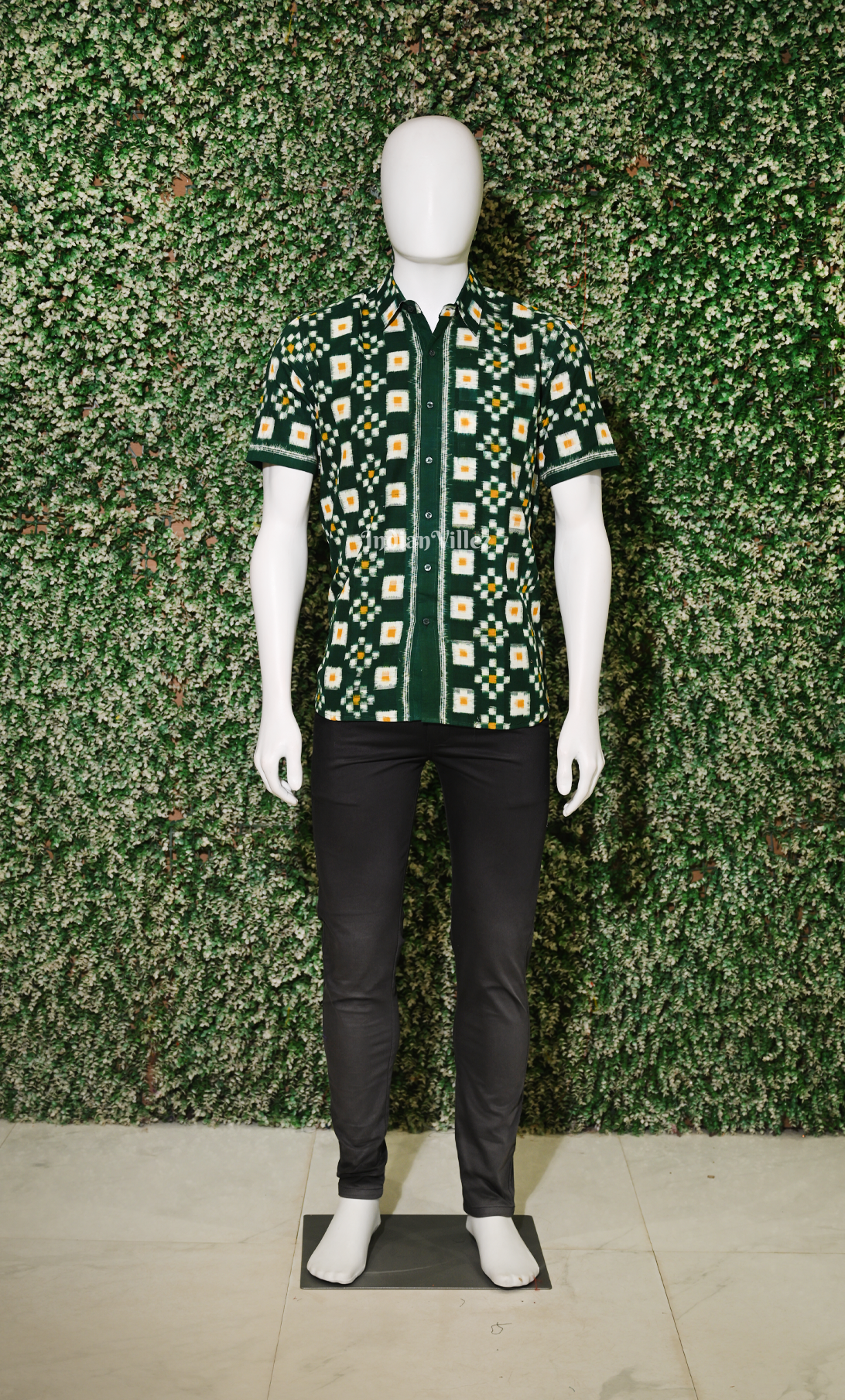 Green White Pasapali Odisha Ikat Cotton Half Sleeve Shirt for Men 