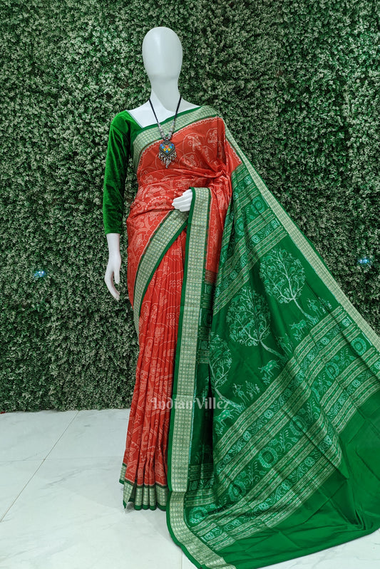 Reddish Orange Green Sambalpuri Bomkai Silk Saree