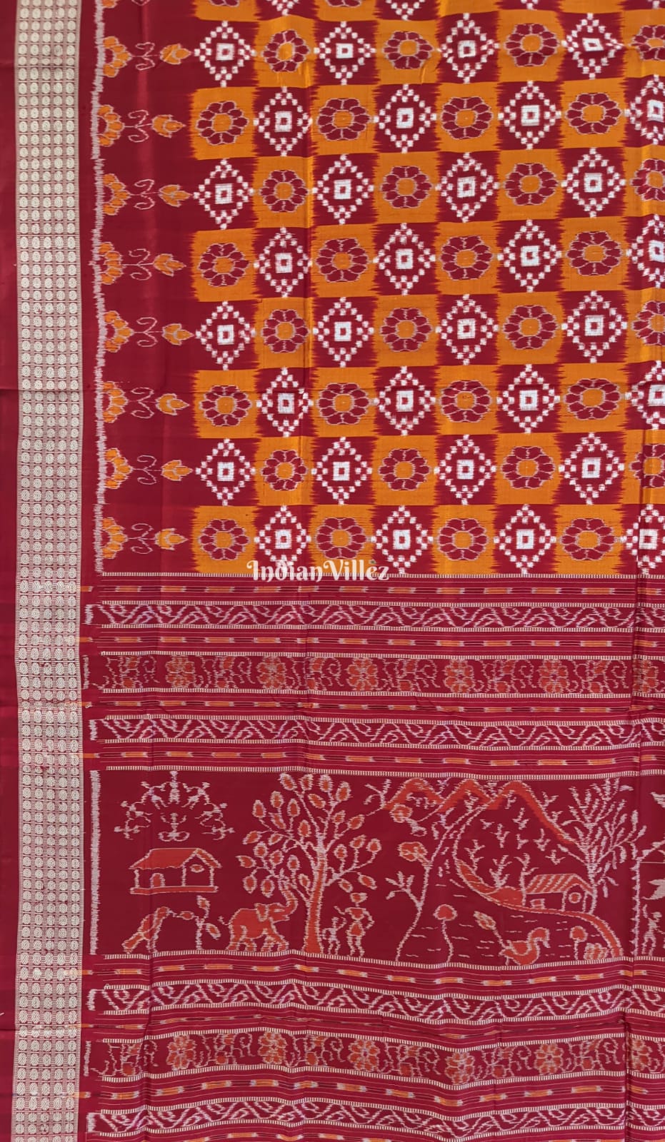 Mustard Yellow Marron Pure Sambalpuri Silk Saree