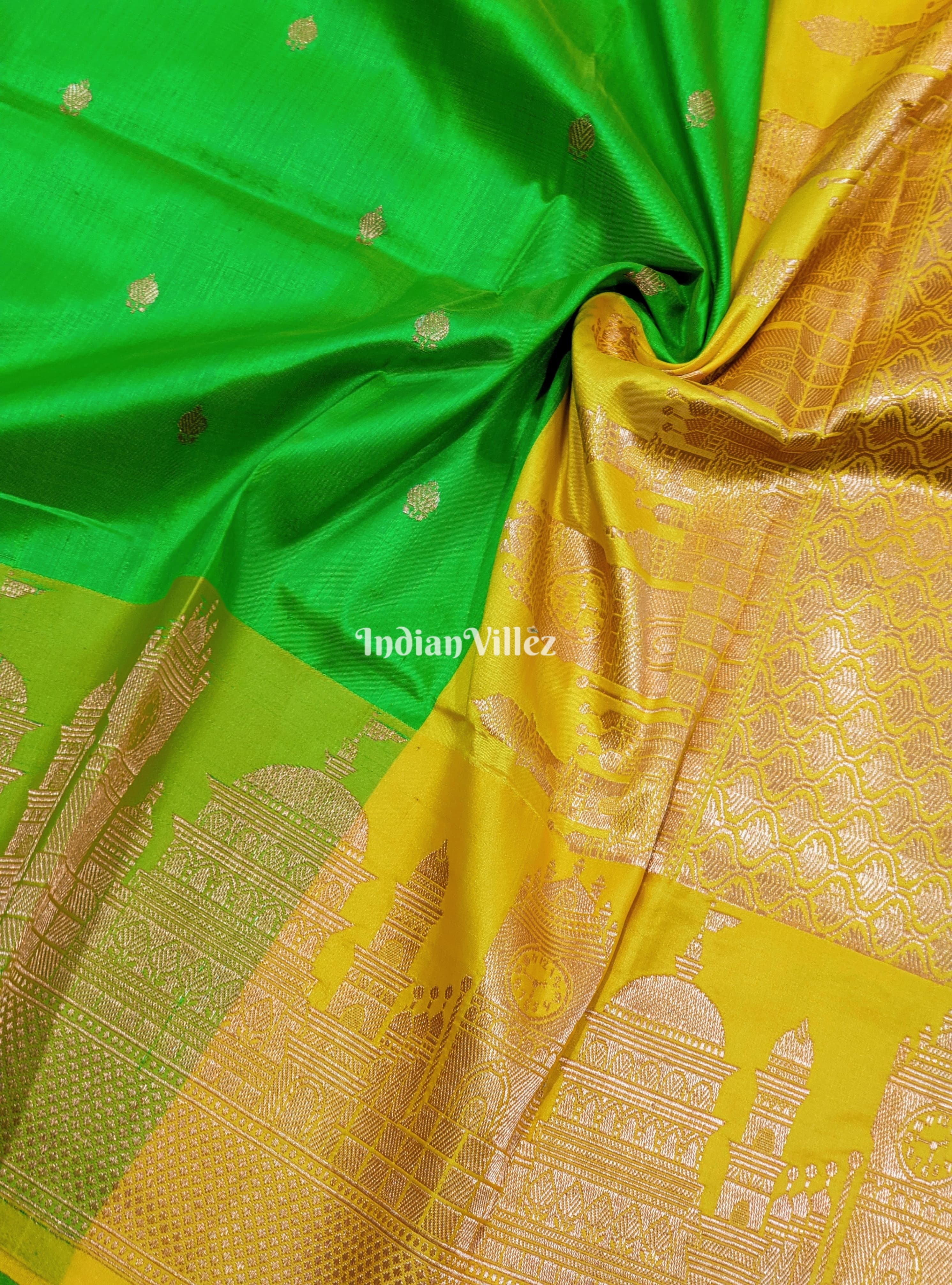 Green Banarasi Katan Silk Saree Inspired by Big Ben, London & United States Capitol, Washington DC