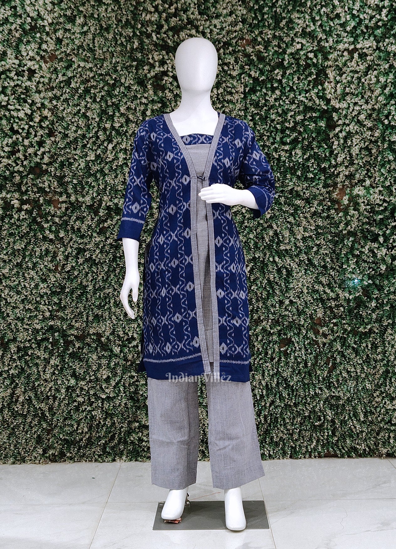 Blue Gray 3 Piece Odisha Ikat Designer Cotton Kurti Set with Jacket (Co-Ords Set) 