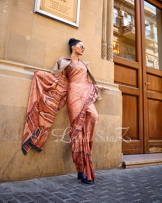 Peach Satya Paul Inspired Printed Satin Crape Sarees