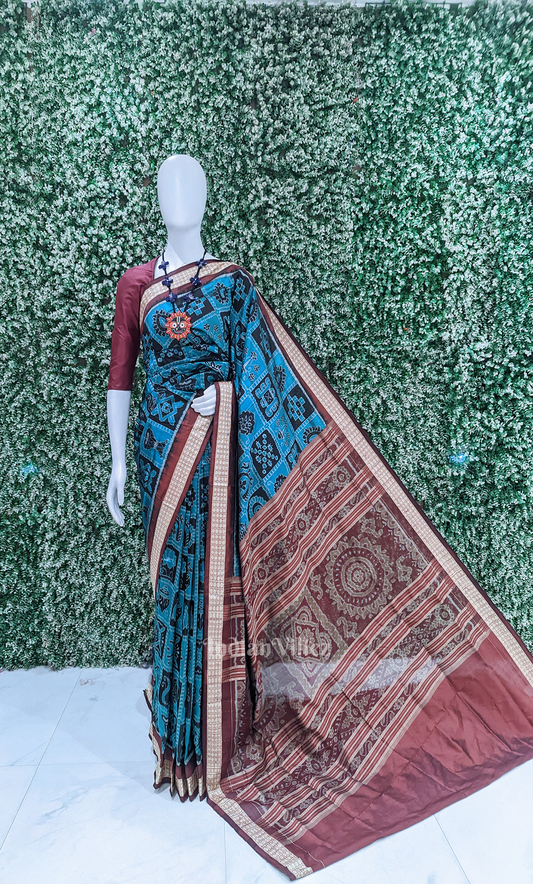 Indigo Blue Red Nabakothi Odisha Ikat Sambalpuri Silk Saree