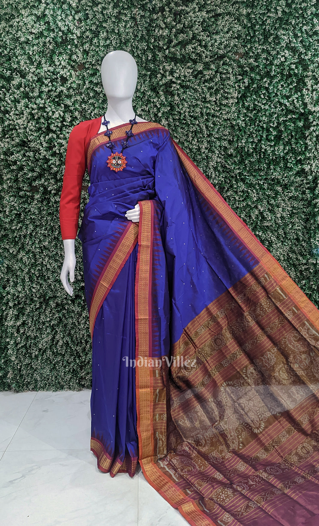 Blue Red Buti Bomkai Sambalpuri Ikat Silk Saree
