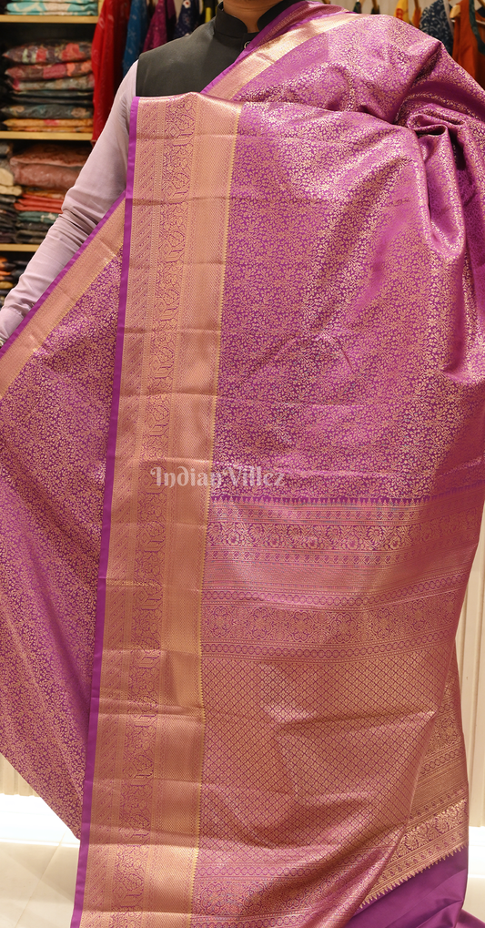 Exclusive Bridal Purple Floral Pure Brocade Kanjivaram Silk Saree 