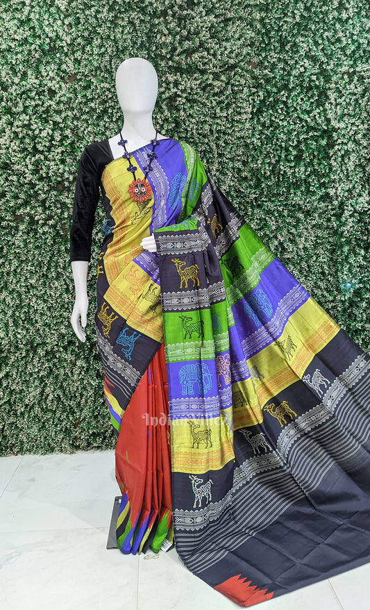 Red Fish Motif Double Pallu Berhampuri Silk Saree