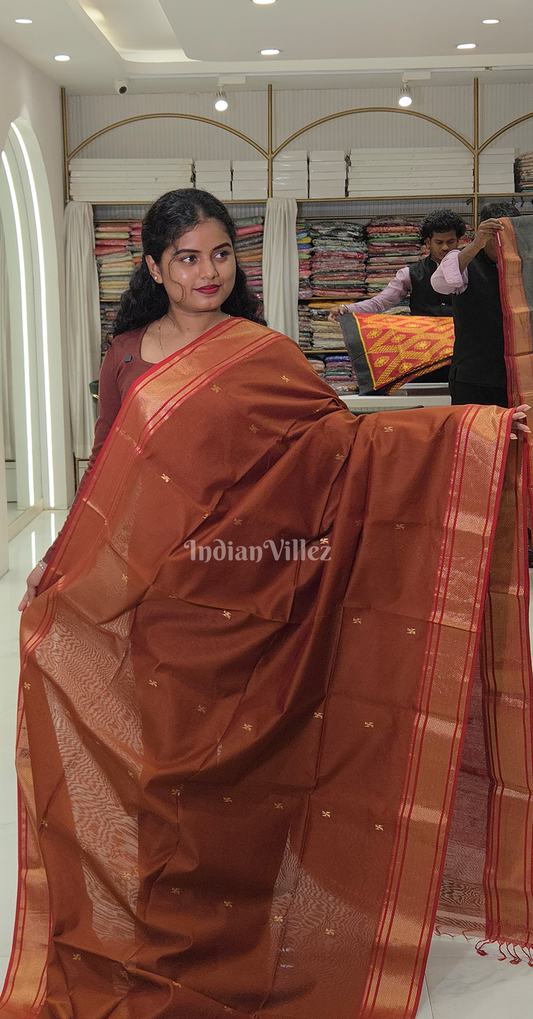 Caramel Butta Design Pure Silk Cotton Maheshwari Saree with Zari Border