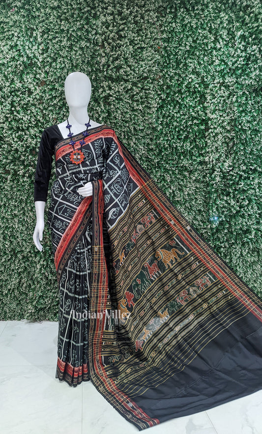 Black Nabakothi Odisha Ikat Khandua Silk  Saree with Jungle Anchal