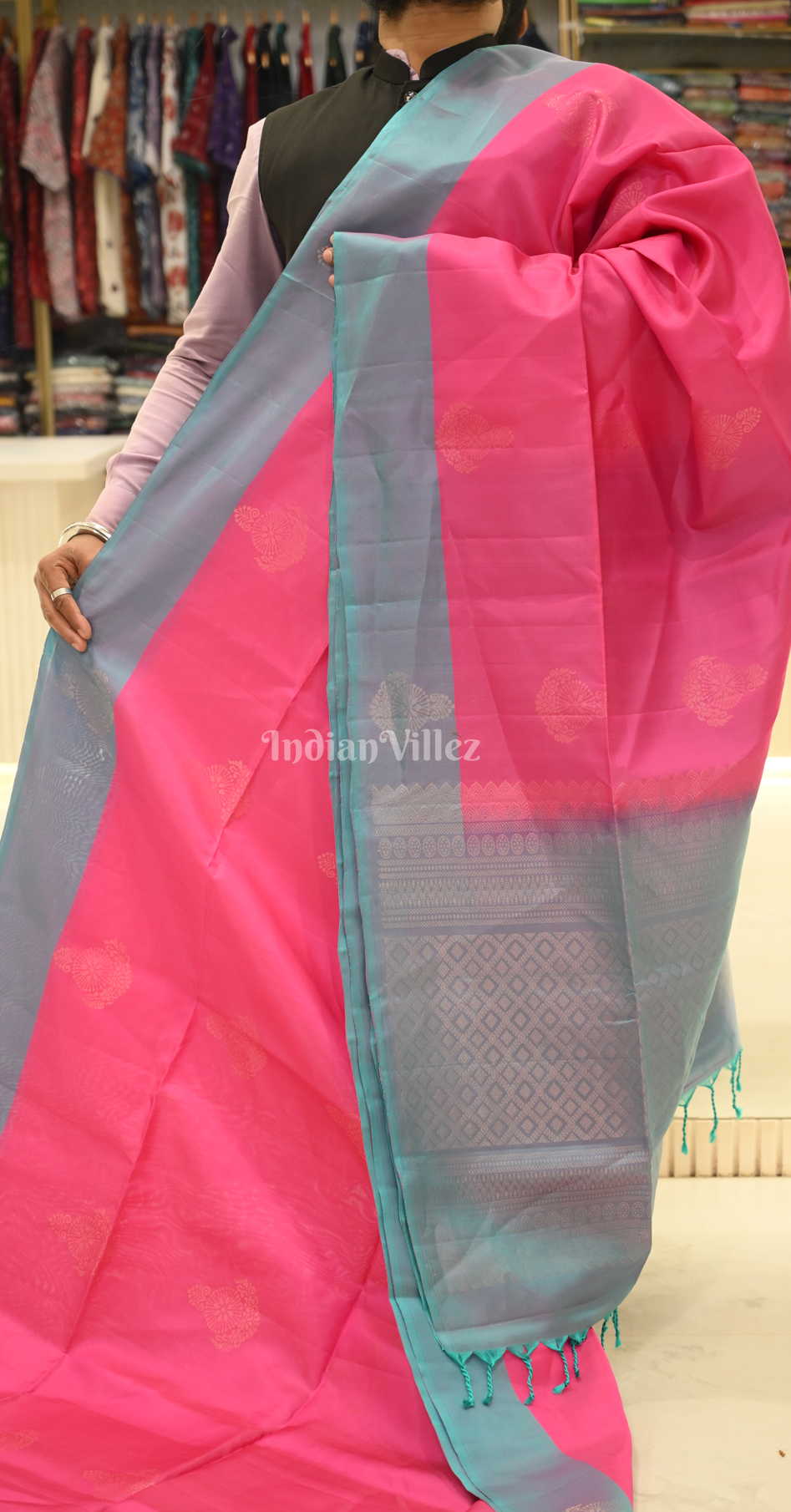 Pink Teal Blue Zari Pure Kanjivaram Soft Silk Saree