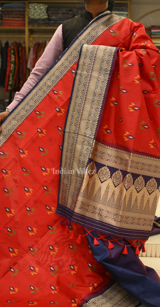 Red Blue Ikat Saree with Zari Border Tussar Silk