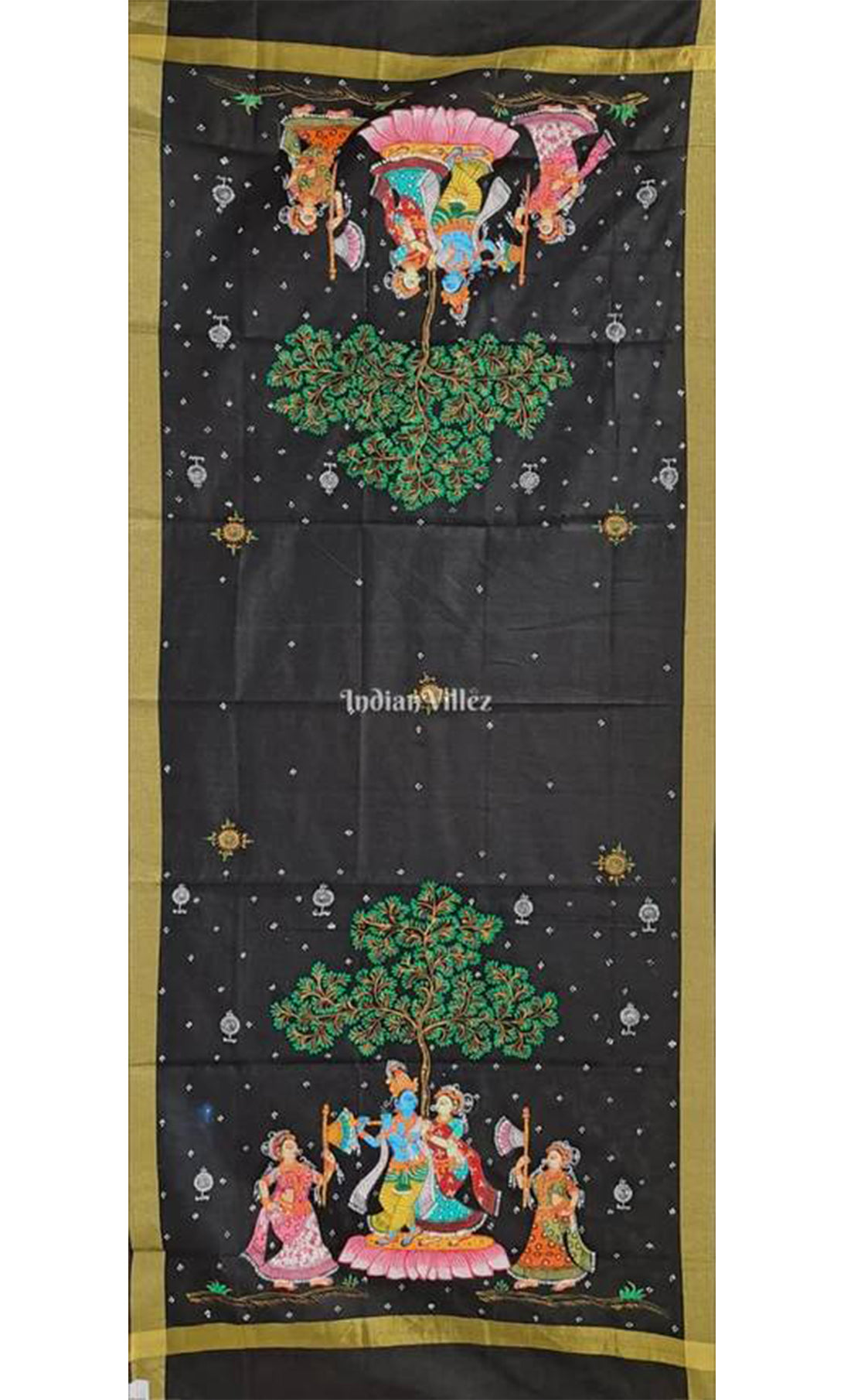 Black Radha Krishna Pattachitra Art on Chanderi Dupatta
