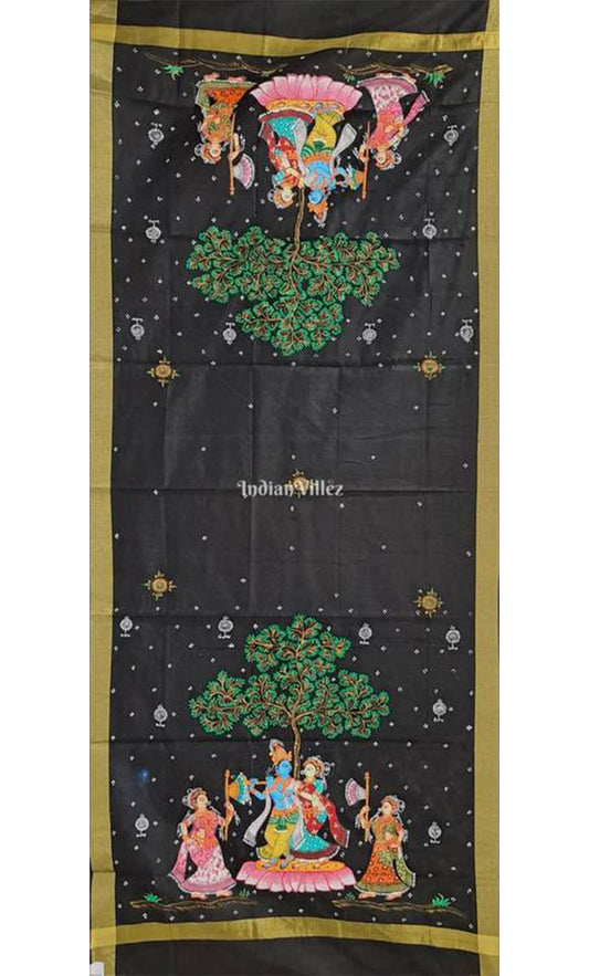 Black Radha Krishna Pattachitra Art on Chanderi Dupatta
