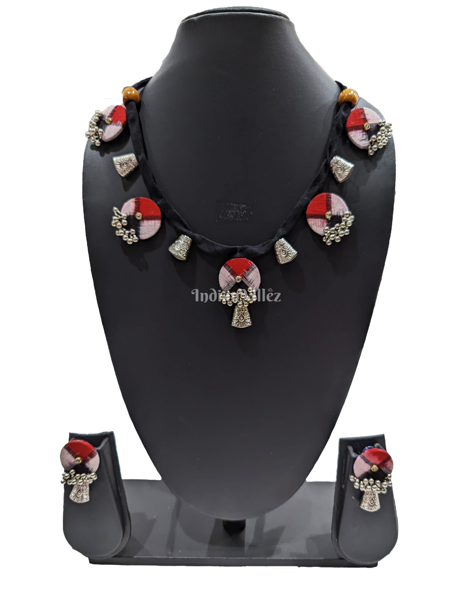Red Black Coin Shape Traditional Beads Sambalpuri Fabric Choker Jewellery - Necklace & Earrings Set