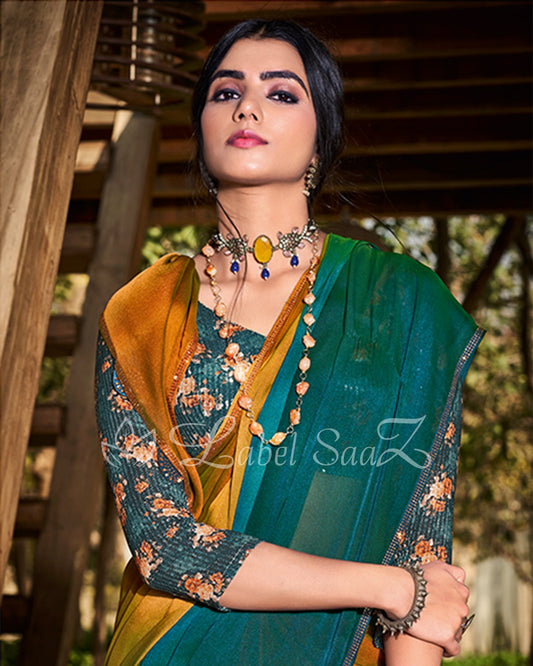 Mustard Rama Chiffon Saree with Floral Blouse 