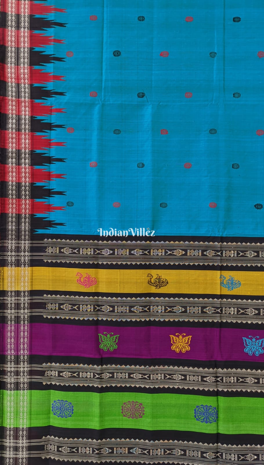Sea Blue Double Pallu Brahampuri Silk Saree with Flower Motif
