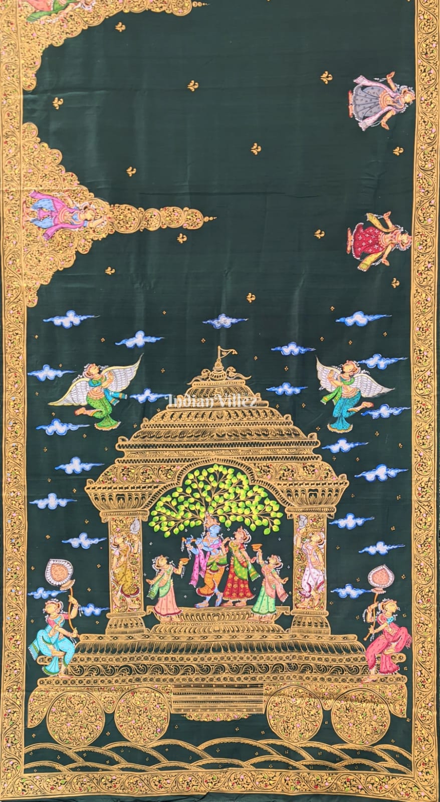 Bottle Green Radha Krishna Pattachitra Art on Pure Silk Saree