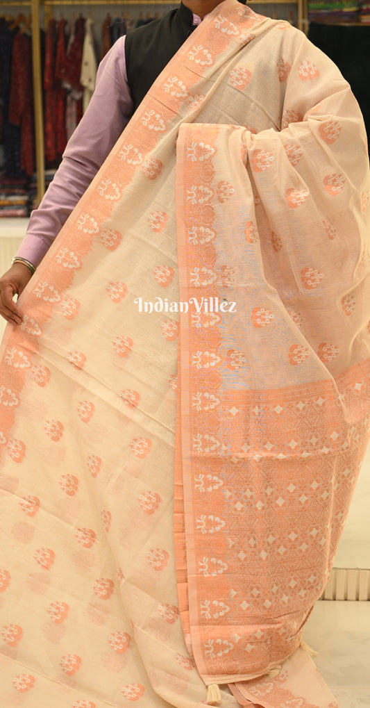 Off White Peach Linen Banarasi With Copper Zari Saree