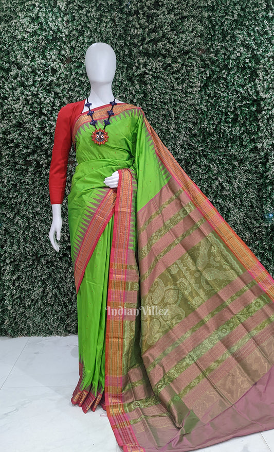 Green Red Buti Design Bomkai Sambalpuri Ikat Silk Saree