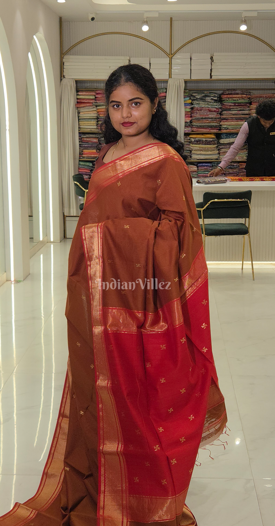 Caramel Butta Design Pure Silk Cotton Maheshwari Saree with Zari Border