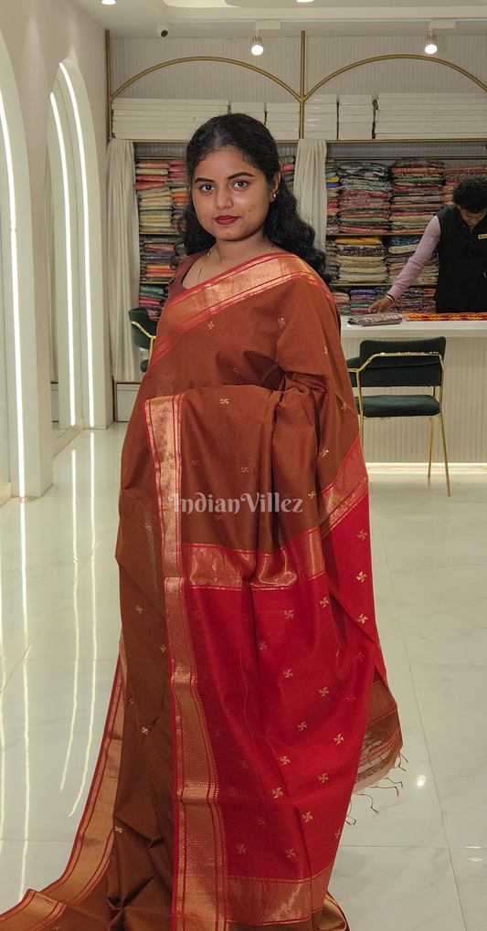 Caramel Butta Design Pure Silk Cotton Maheshwari Saree with Zari Border