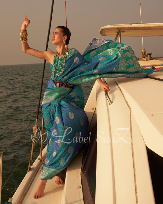 Blue Two Tone Leheriya Banarasi Satin Silk Saree