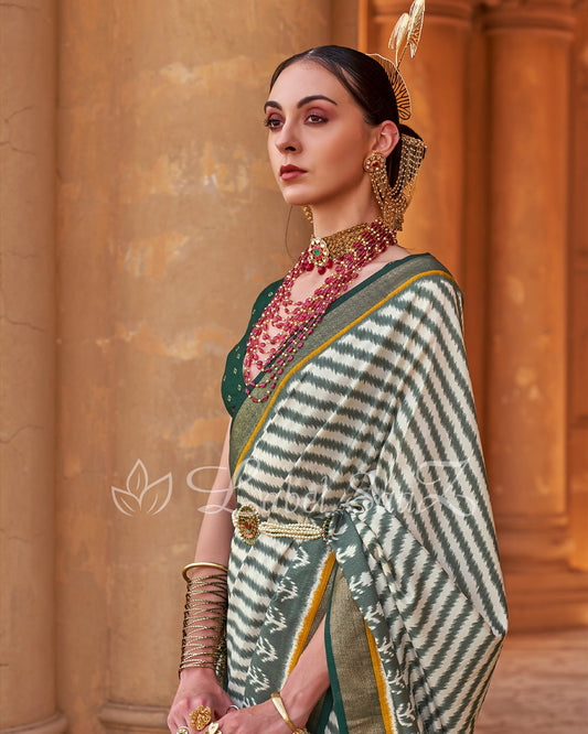 Green White Strip Leheriya Pochompolly Ikat Saree