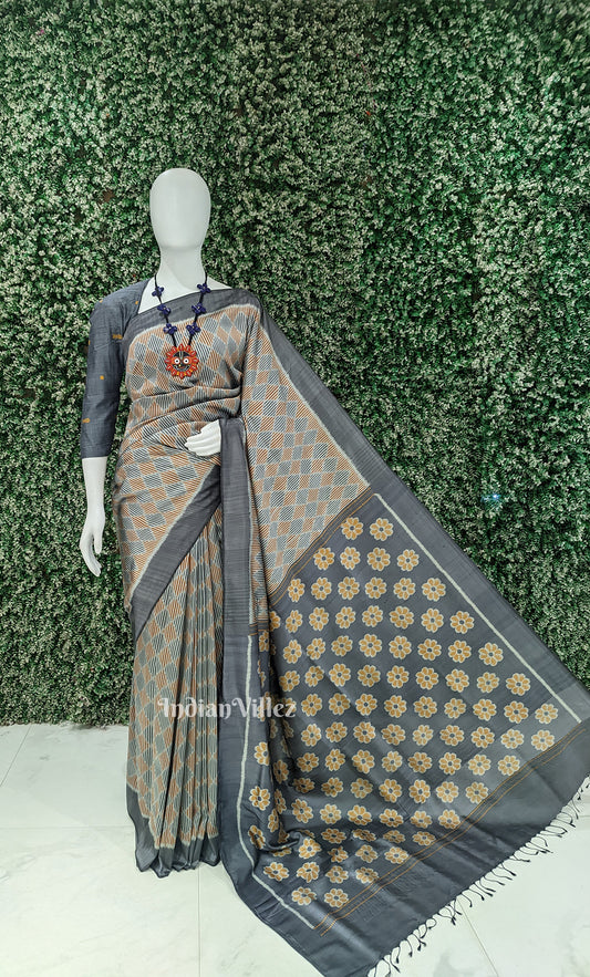 Grey Brown Odisha Ikat Contemporary Designer Silk Saree
