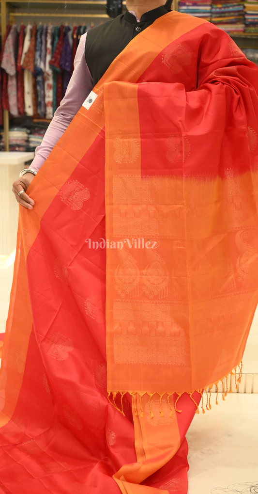 Red Orange Floral Zari Pure Kanjivaram Soft Silk Saree