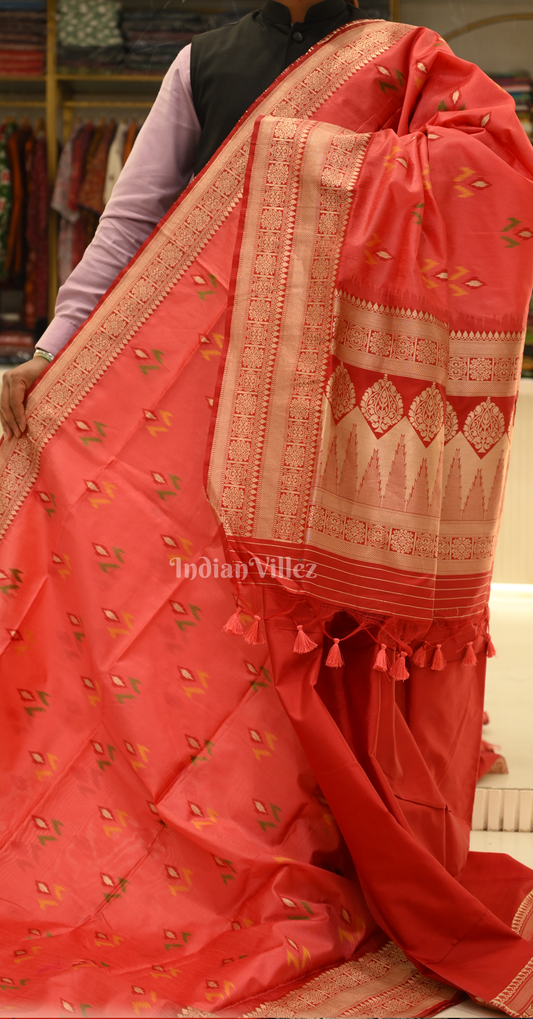 Peach Ikat Saree with Zari Border Tussar Silk