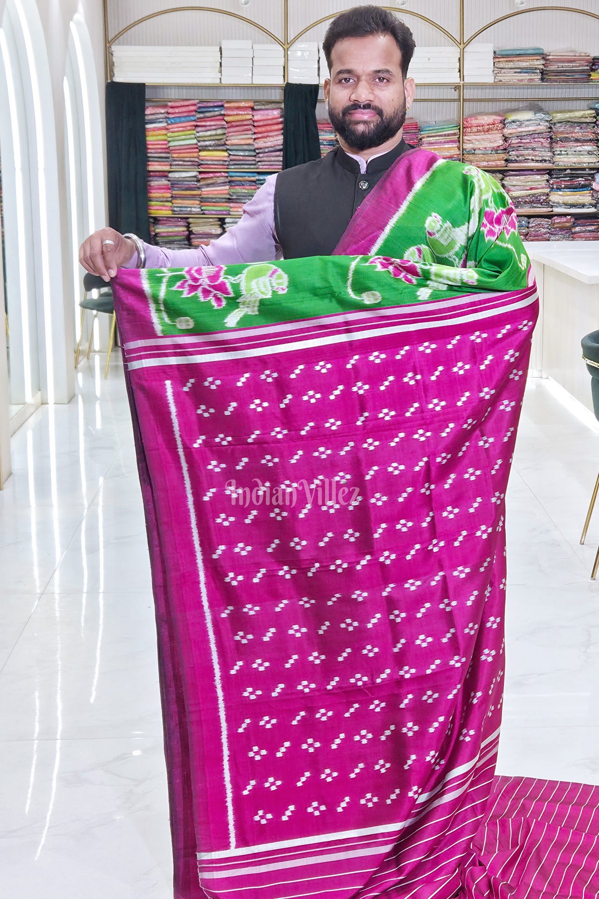 Green Magenta Pink Lotus Parrot  Motif Odisha Ikat Contemporary Designer Silk Saree