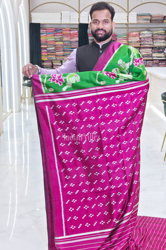 Green Magenta Pink Lotus Parrot  Motif Odisha Ikat Contemporary Designer Silk Saree