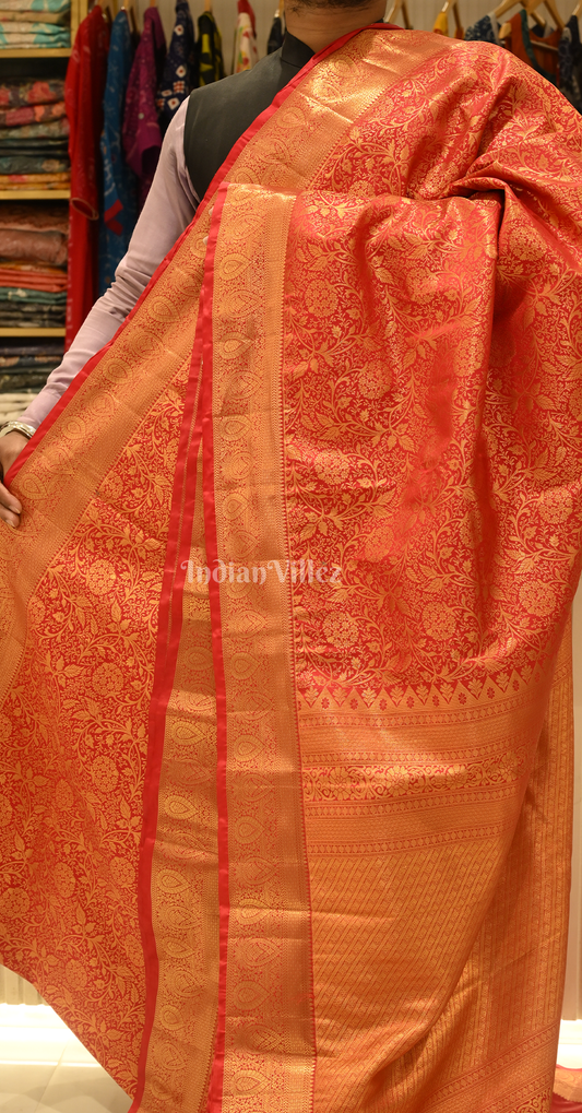 Red Golden Leaf & Vine Pattern Kanjivaram Silk Saree