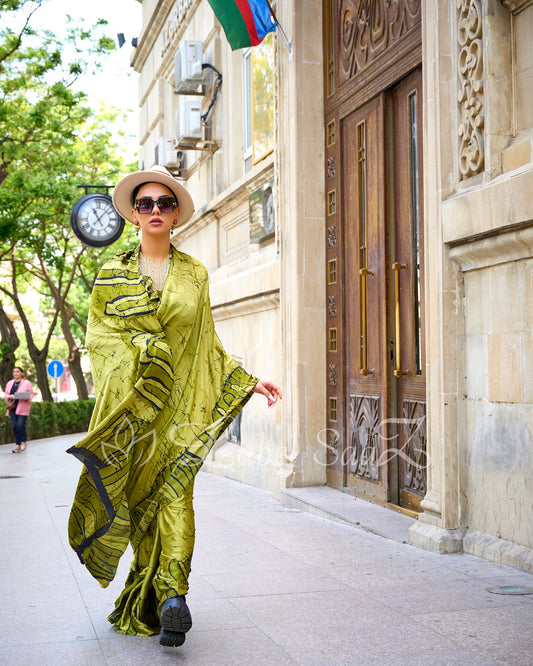 Green Satya Paul Inspired Printed Satin Crape Sarees
