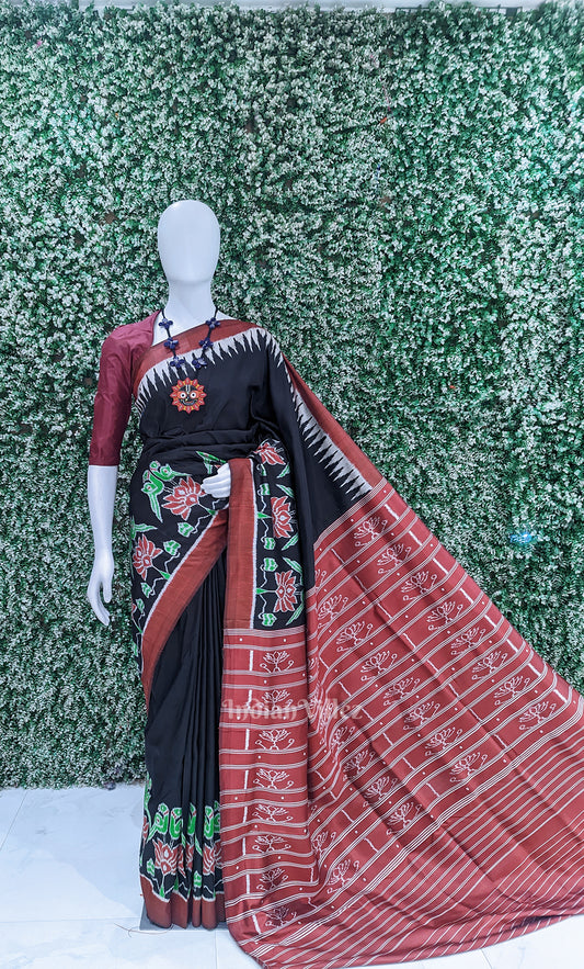 Black Red Lotus Parrot Border Odisha Ikat Contemporary Designer Silk Saree