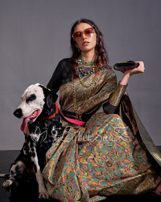 Ash Grey Kashmiri Weaving Banarasi Silk Saree